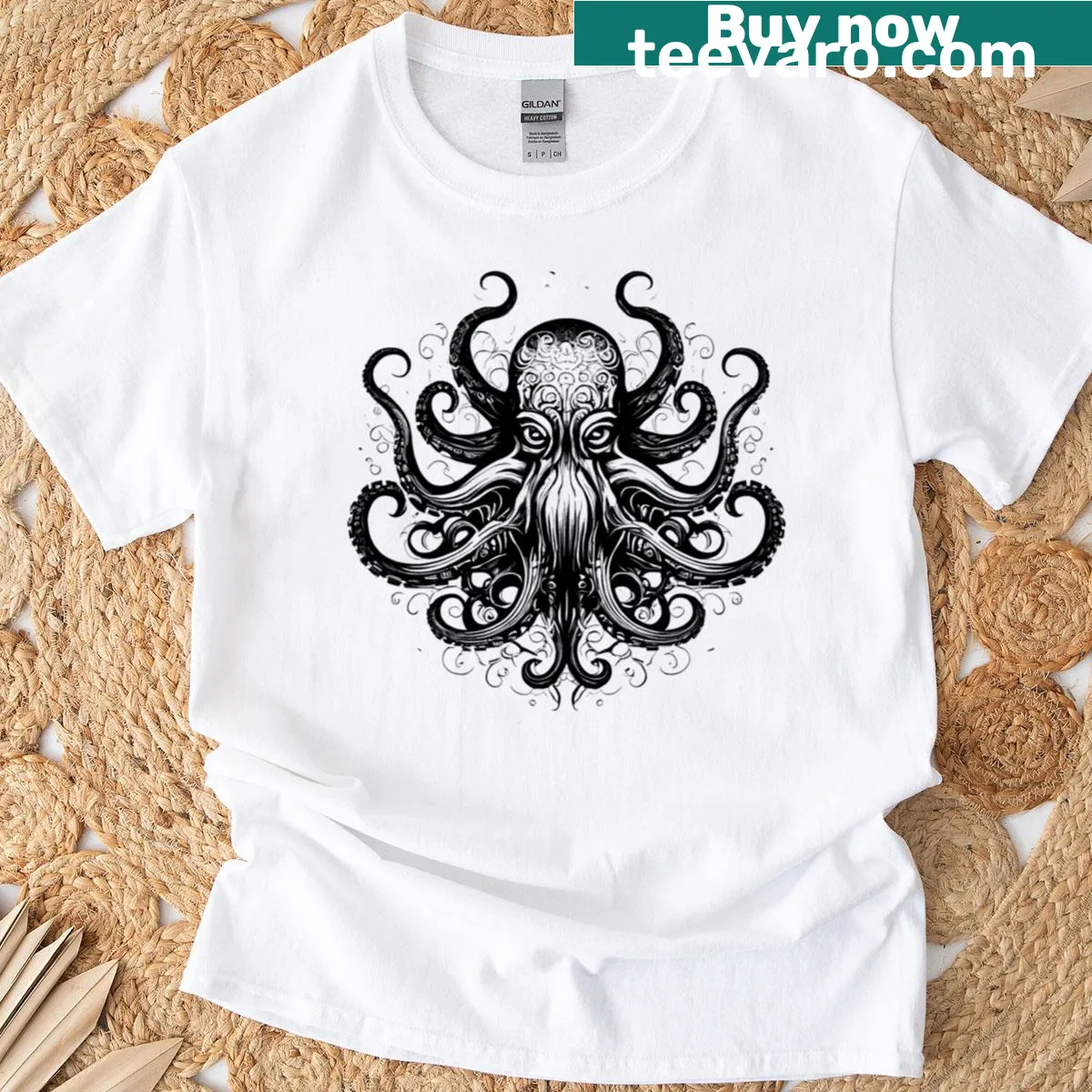 Intricate tentacle art of a mystic kraken on a T-shirt — on a men's t-shirt