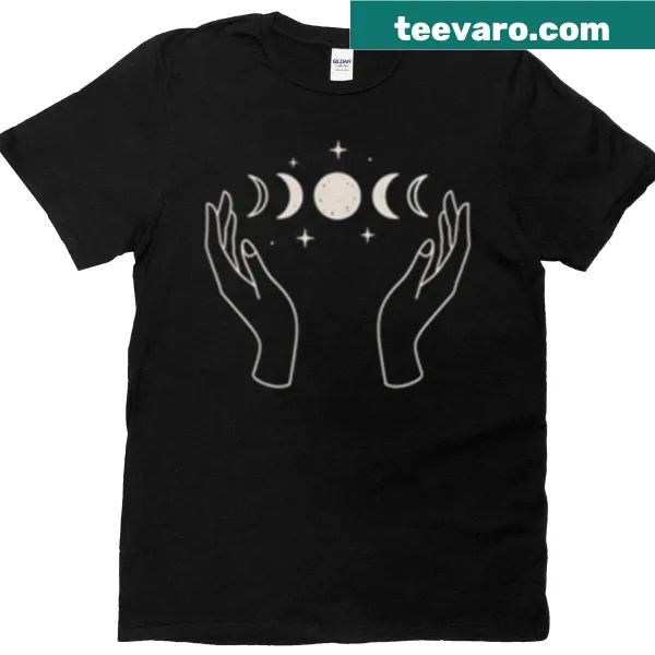 T-shirt with celestial line art of hands and moon
