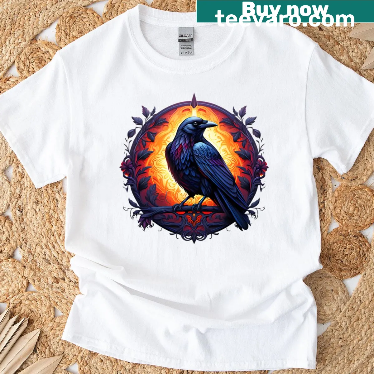 Gothic sunset emblem art featuring a raven on a T-shirt — on a men's t-shirt
