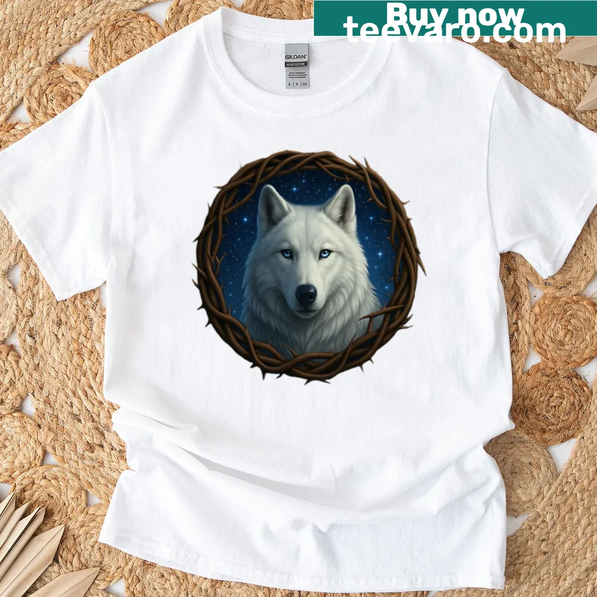 Mystic wolf illustration in briarwood circle under stars on a T-shirt — on a men's t-shirt