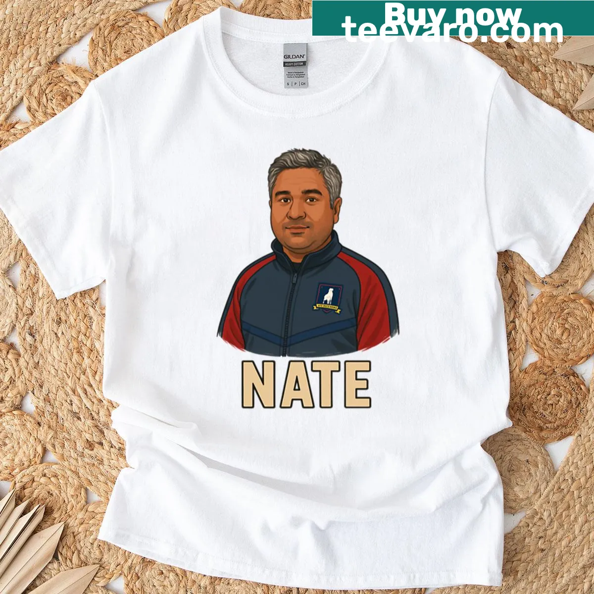 Illustration of Nate Shelley as coach for AFC Richmond — on a men's t-shirt