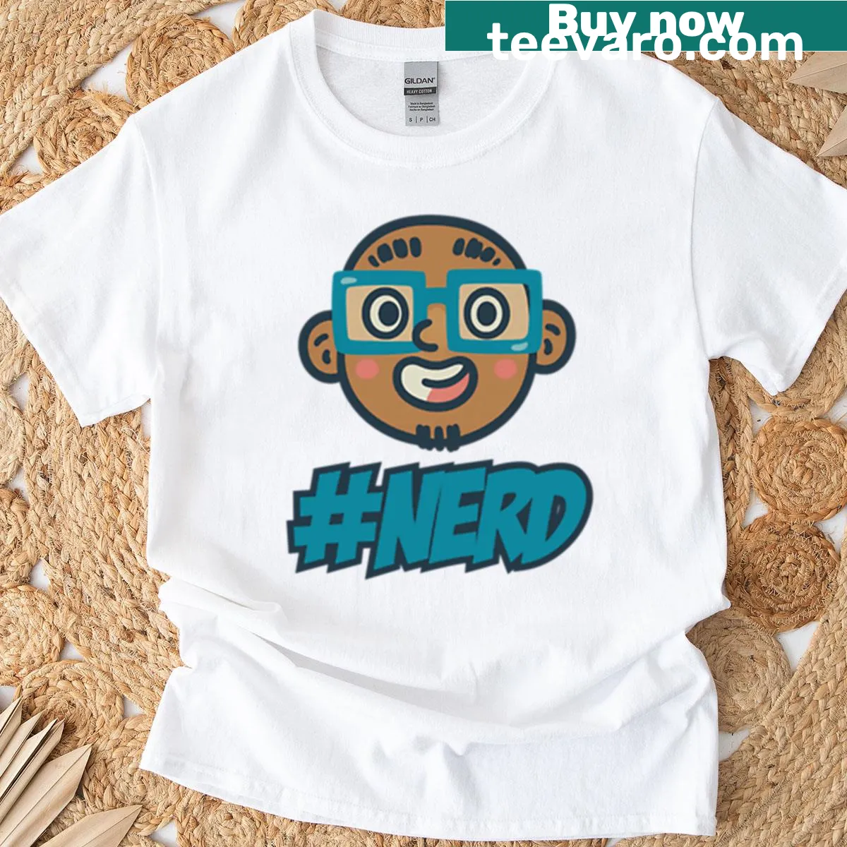 Cartoon face T-shirt featuring a happy geek design. — on a men's t-shirt