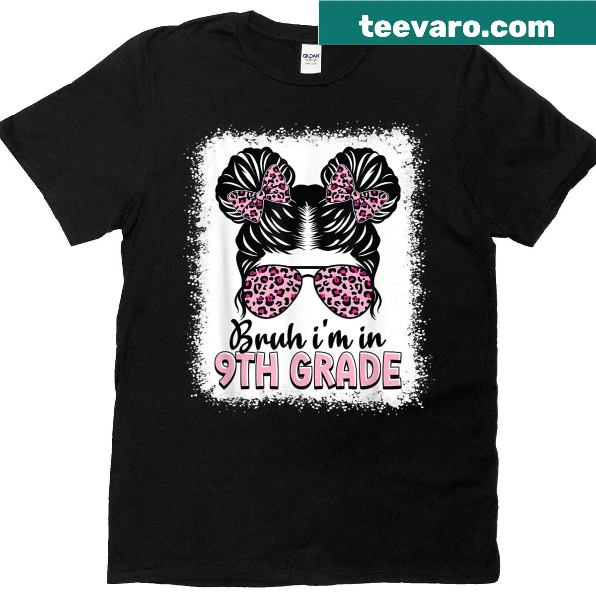 Funny 9th grade t-shirt with messy bun graphic and text — on a men's t-shirt