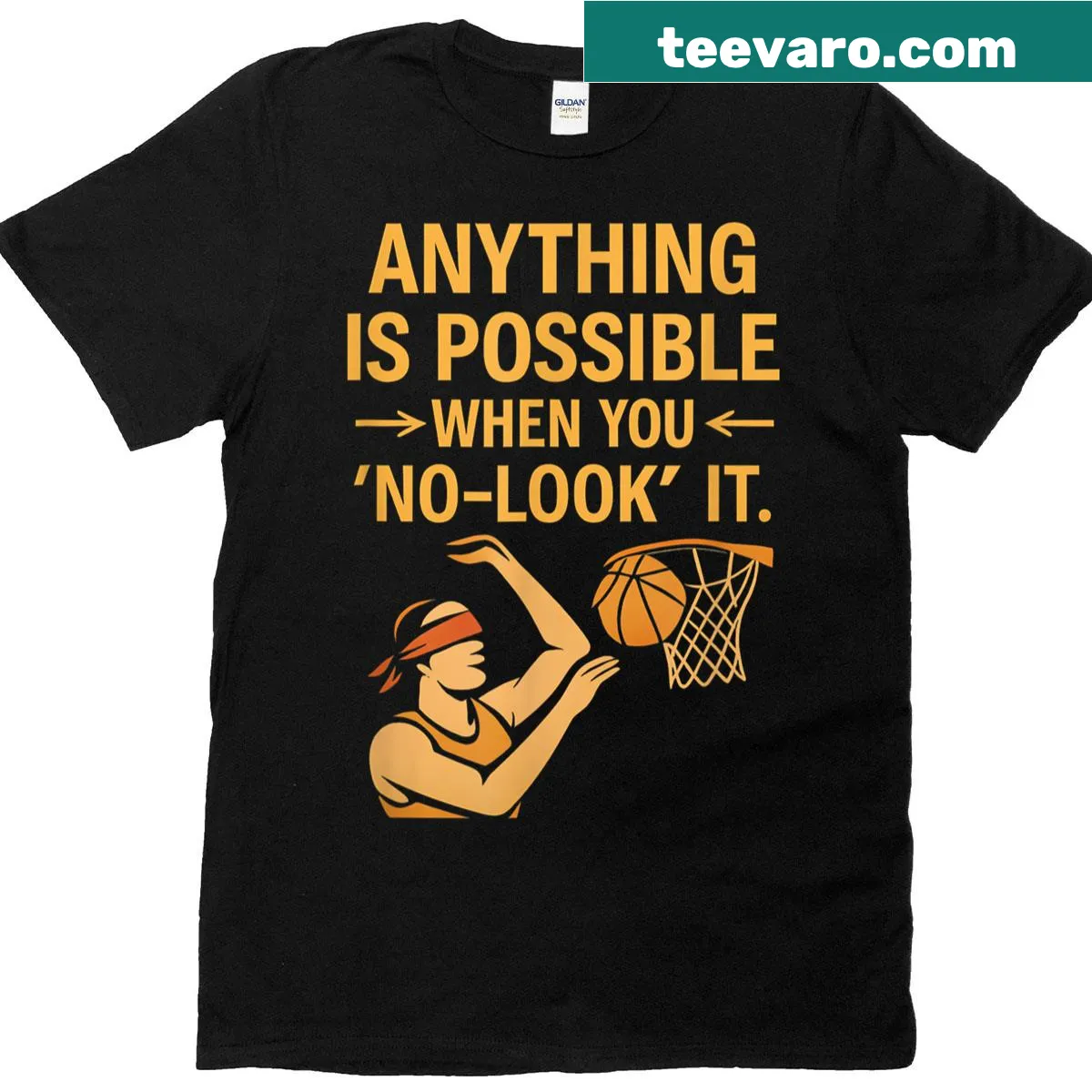 Cartoon graphic of a no-look basketball shot on a T-shirt — on a men's t-shirt