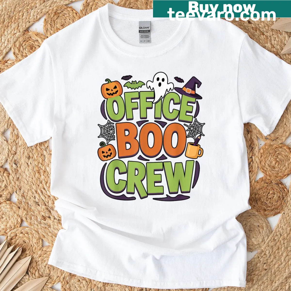 Funny Halloween T-shirt with 'Office Boo Crew' cartoon design. — on a men's t-shirt