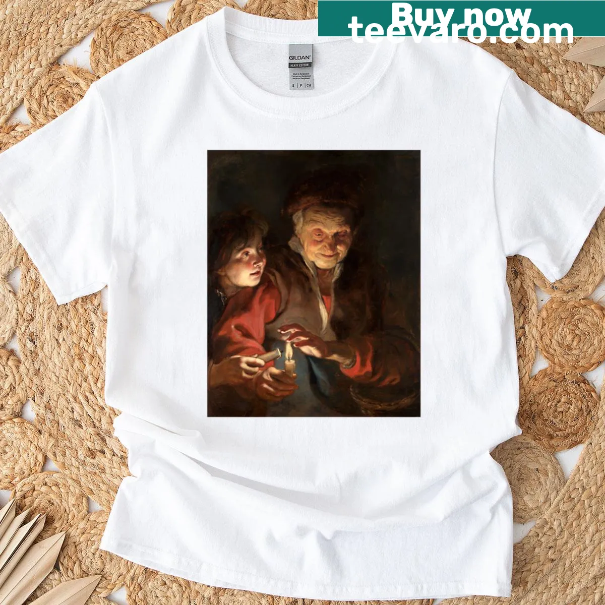 Illustration of an old woman and boy with candles on T-shirt. — on a men's t-shirt