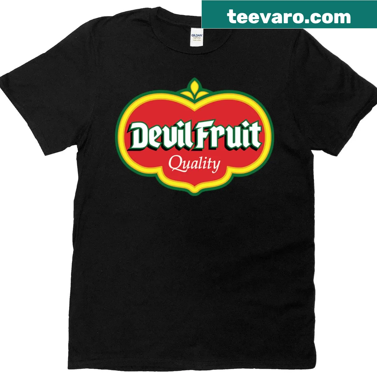 T-shirt featuring a mashup of One Piece logo and Del Monte branding. — on a men's t-shirt