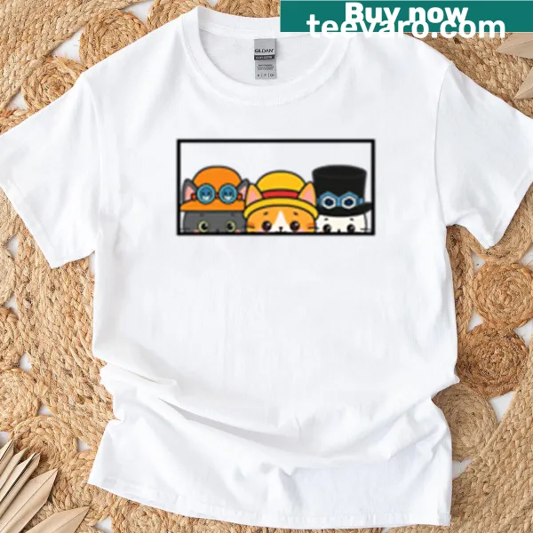 Cartoon cats in hats illustration on T-shirt