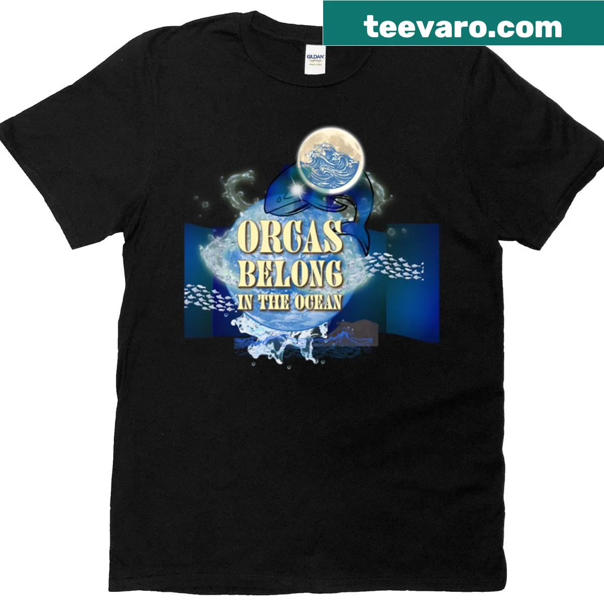 Graphic t-shirt featuring orcas with the phrase 'Orcas Belong in the Ocean' — on a men's t-shirt