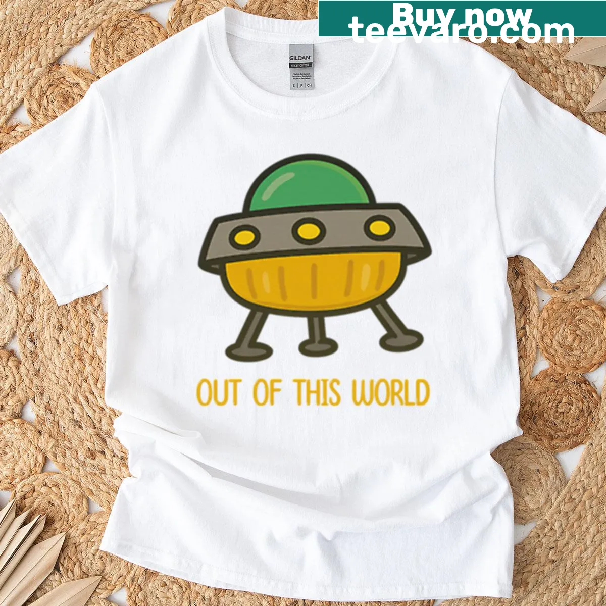 Cartoon UFO spaceship design on T-shirt — on a men's t-shirt