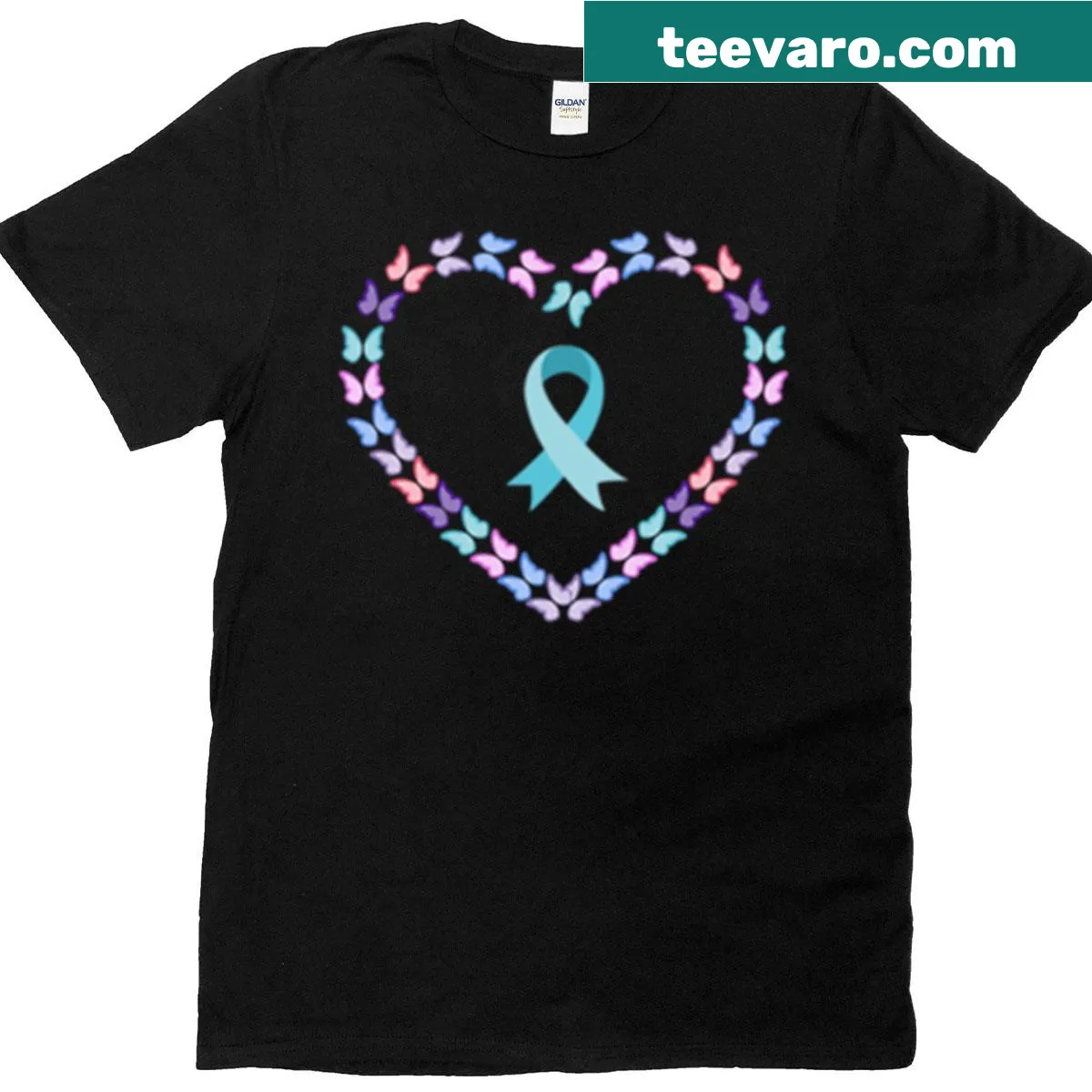 Butterfly graphic t-shirt promoting ovarian cancer support — on a men's t-shirt