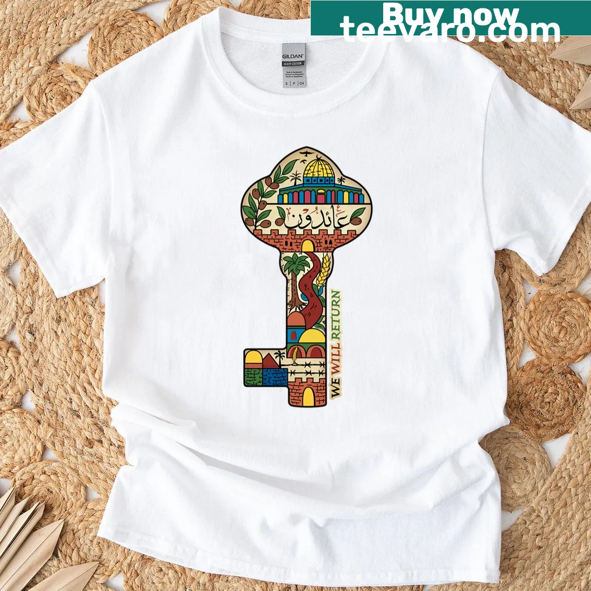 Vintage distressed t-shirt featuring Palestinian Key of Return design — on a men's t-shirt