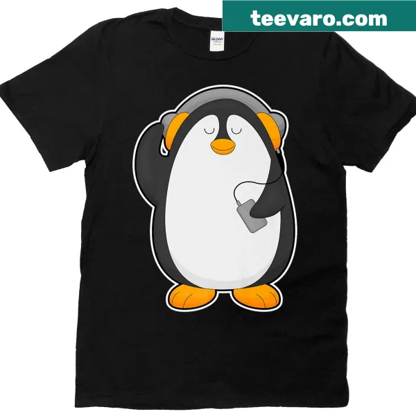Illustration of a penguin wearing headphones on a T-shirt
