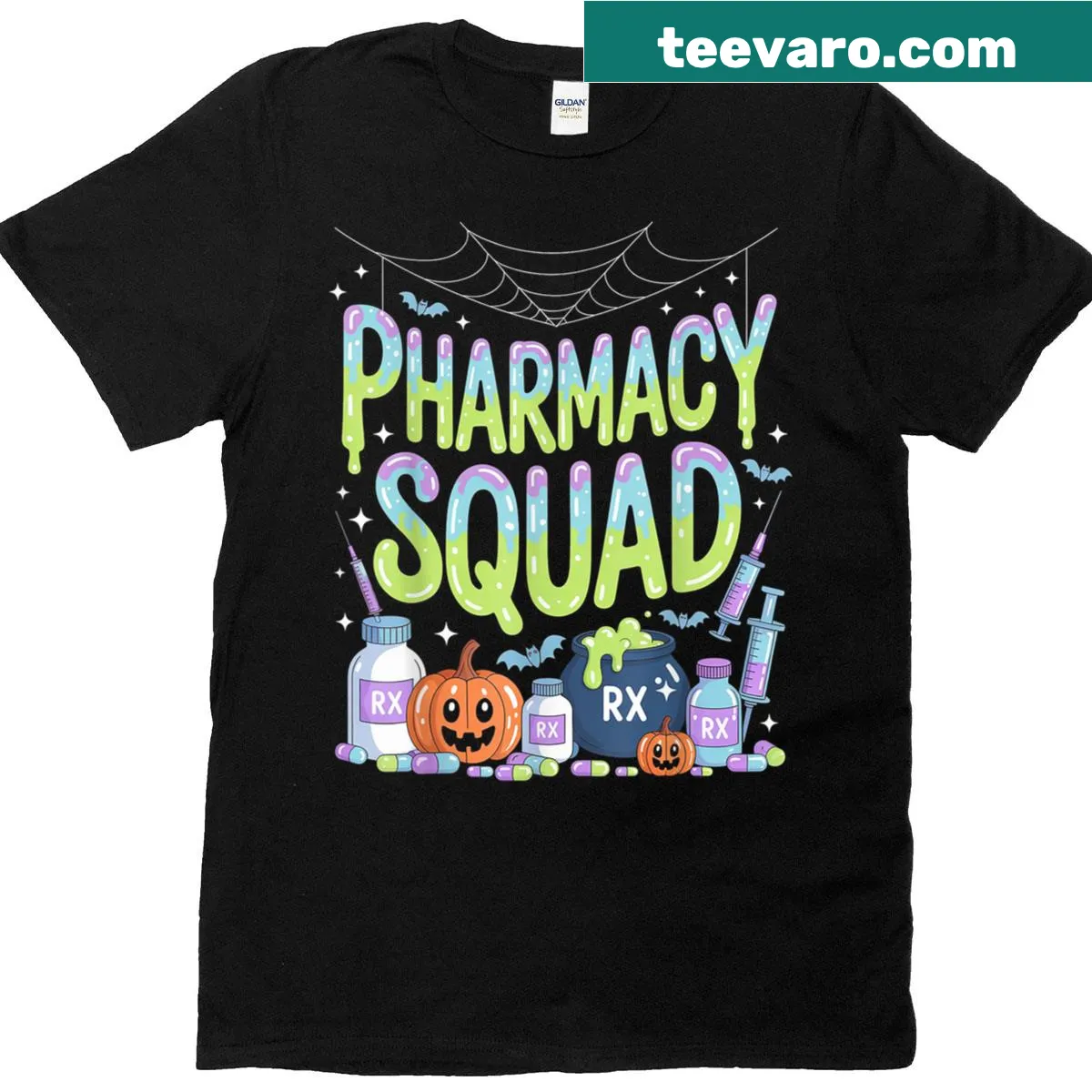 Halloween-themed t-shirt for pharmacists featuring 'Pharmacy Squad' with spooky graphics. — on a men's t-shirt
