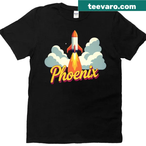 Whimsical spaceship graphic on Phoenix T-shirt.