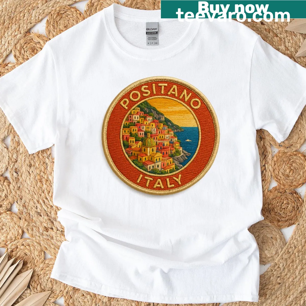 Embroidered Positano panorama t-shirt design — on a men's t-shirt