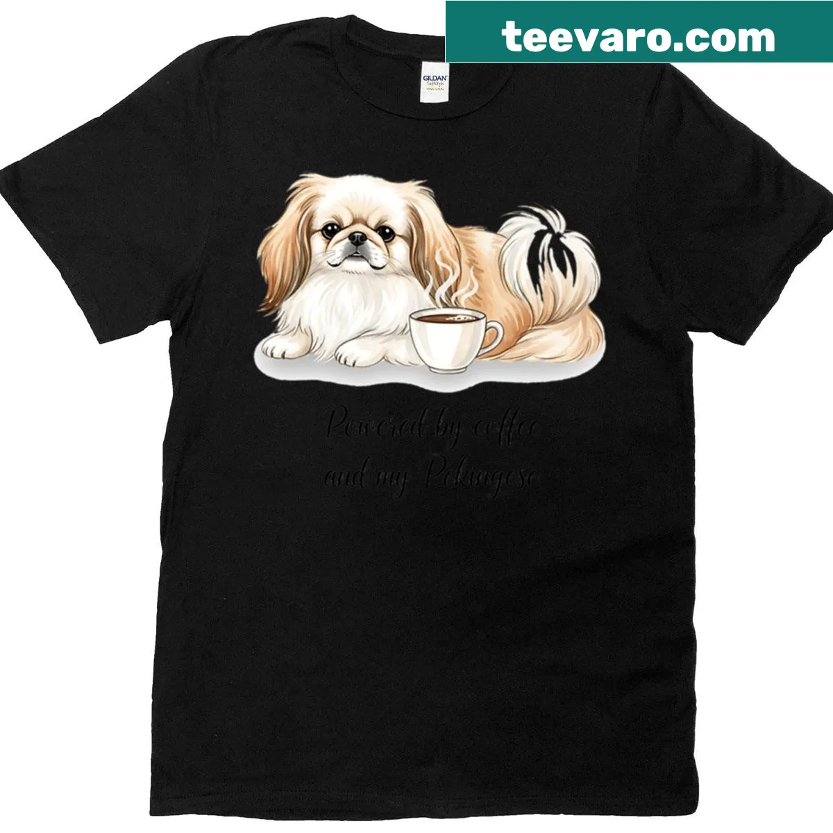 Cute T-shirt with coffee and Pekingese dog graphics — on a men's t-shirt