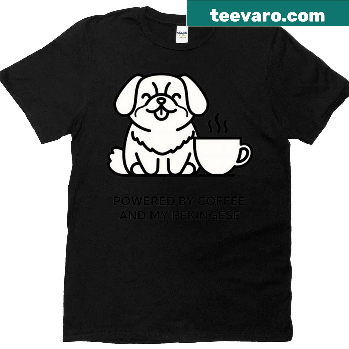 Text design stating Powered By Coffee And My Pekingese — on a men's t-shirt