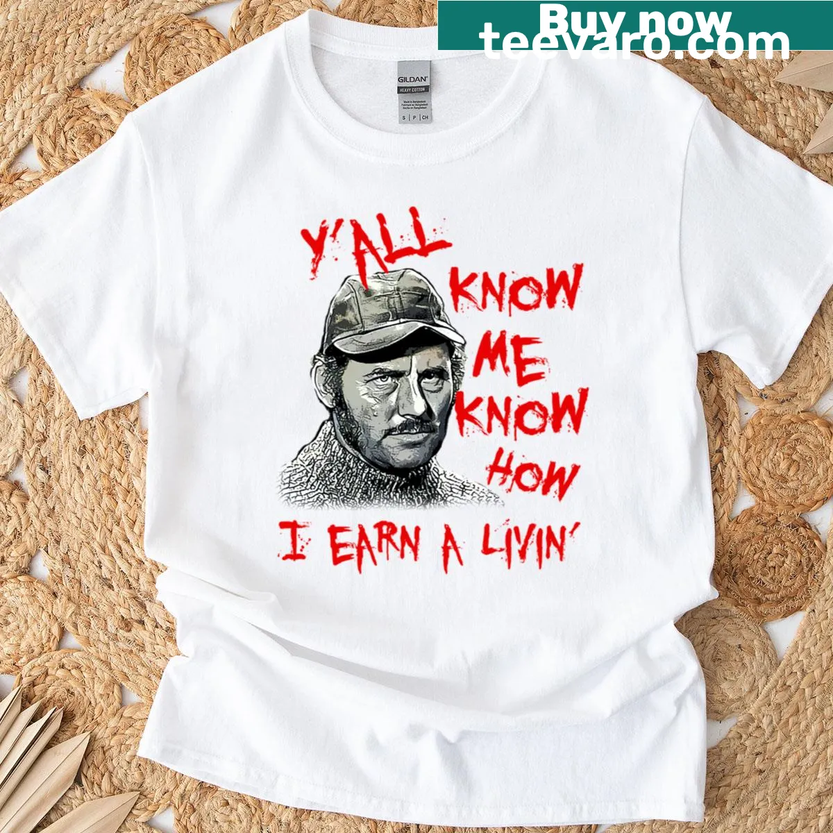 Retro Quint Jaws t-shirt inspired by classic horror films — on a men's t-shirt