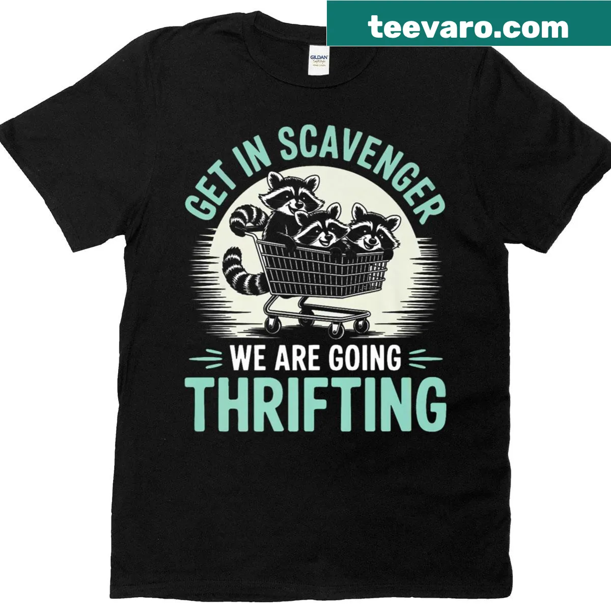 Sarcastic T-shirt featuring a raccoon and thrifting humor — on a men's t-shirt