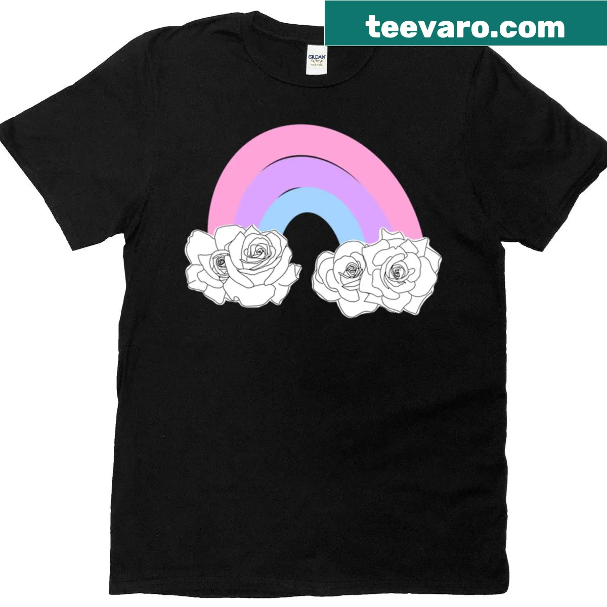 Illustration of rainbow and rose clouds on a T-shirt — on a men's t-shirt