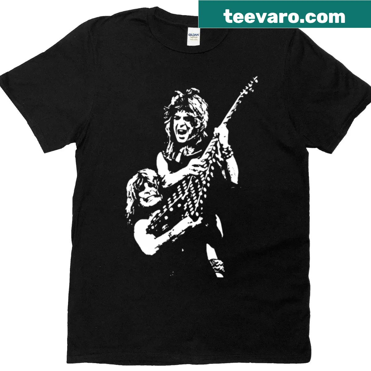 Tribute t-shirt honoring Randy Rhoads with a musical design. — on a men's t-shirt