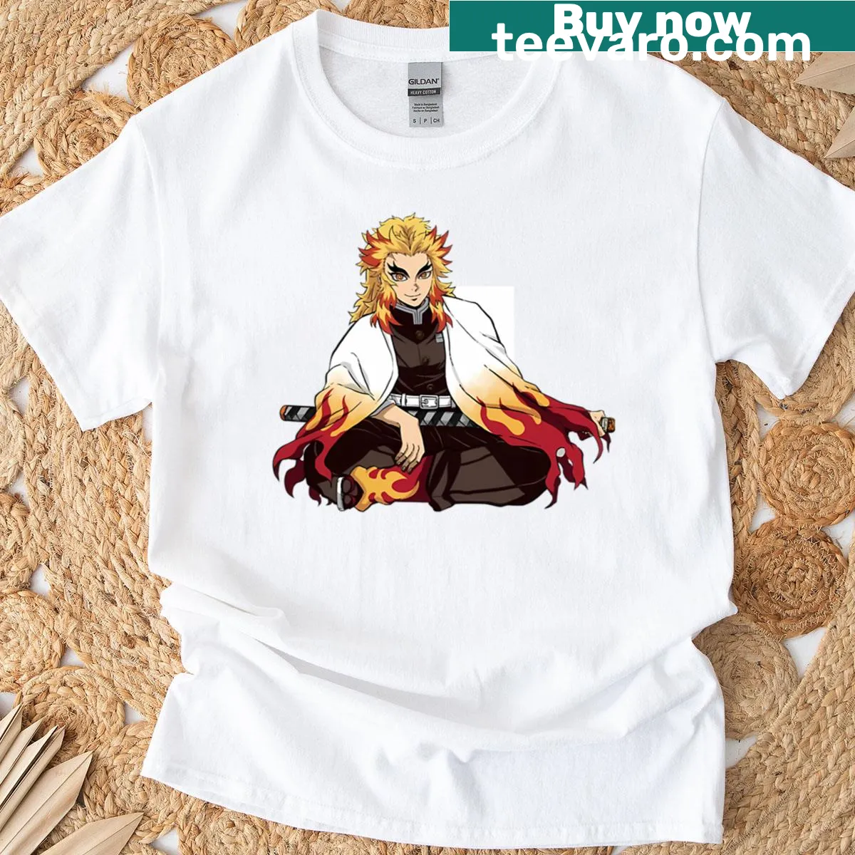 T-shirt featuring a graphic of Rengoku Kyojuro from Demon Slayer — on a men's t-shirt