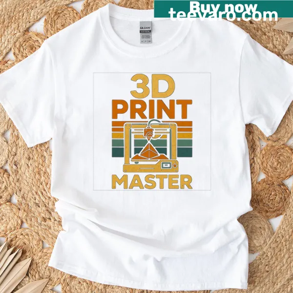 T-shirt featuring a graphic of a 3D printer in action