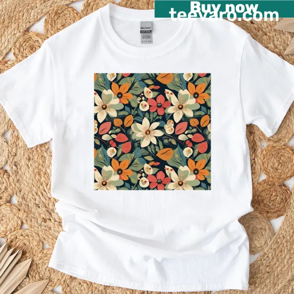 T-shirt featuring a retro design of mid-century botanical illustrations