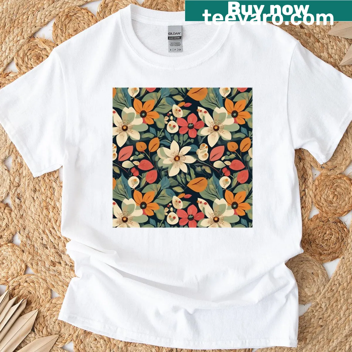 T-shirt featuring a retro design of mid-century botanical illustrations — on a men's t-shirt