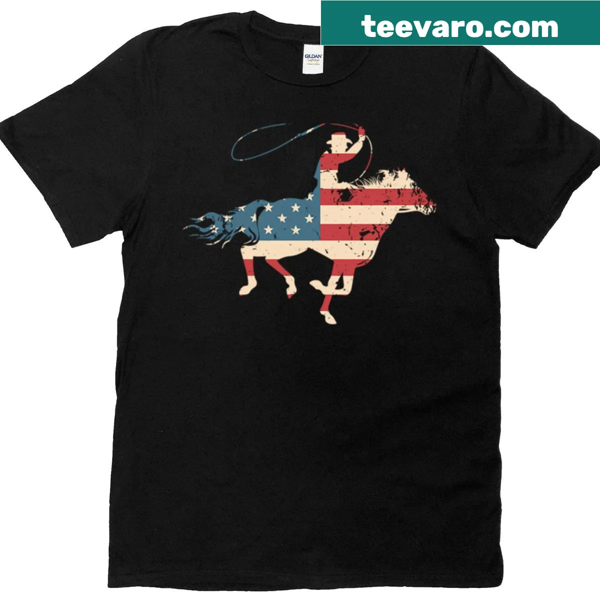 Rodeo-themed T-shirt featuring a horse and American flag graphic — on a men's t-shirt