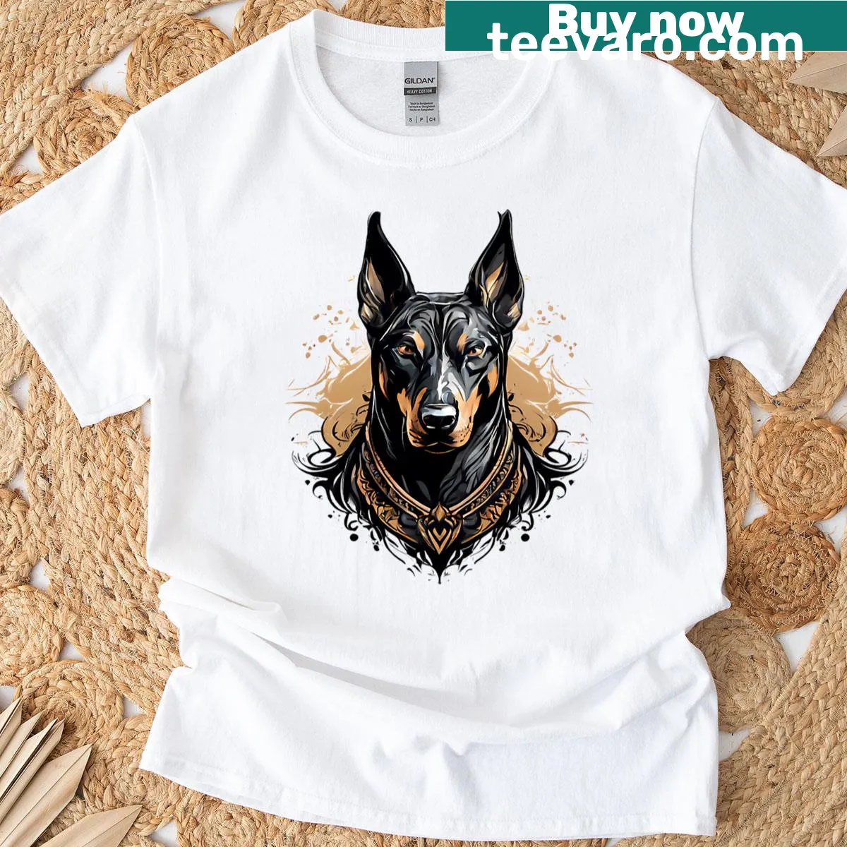 Tribal art illustration of a Doberman on a T-shirt. — on a men's t-shirt