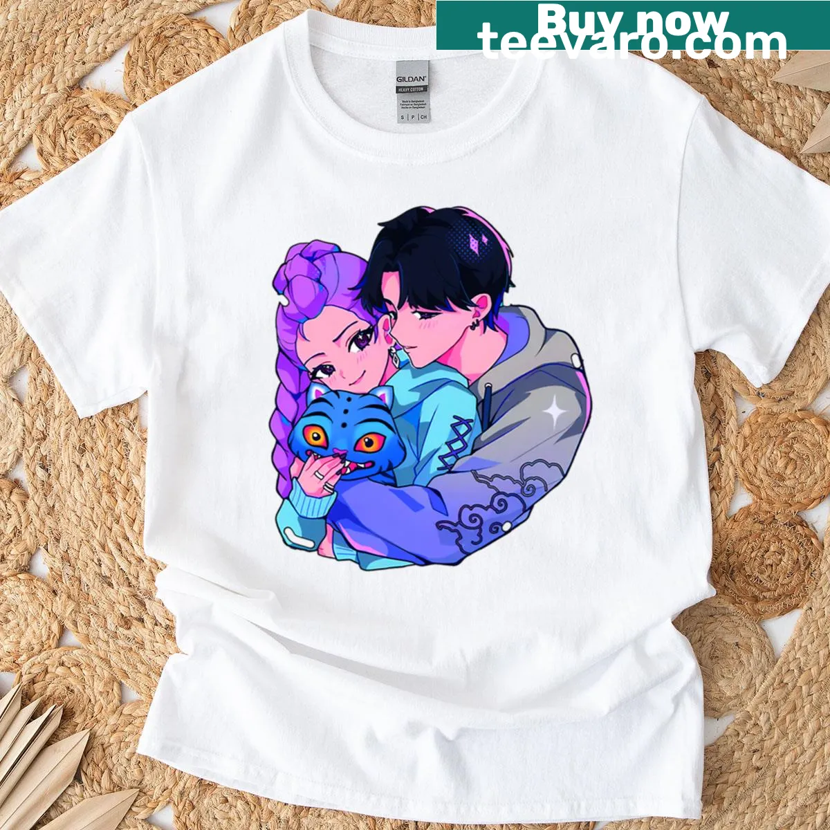 K-pop themed shirt featuring characters from Rujinu Demon Hunters — on a men's t-shirt