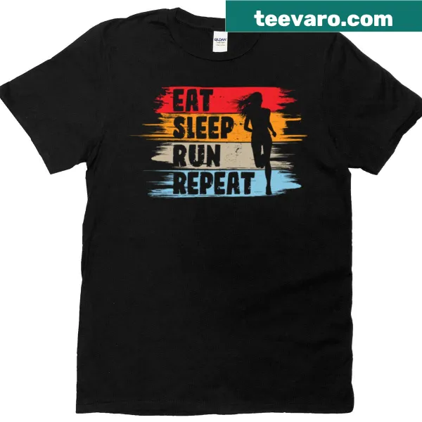 Motivational T-shirt with the phrase 'Eat Sleep Run Repeat' for runners.