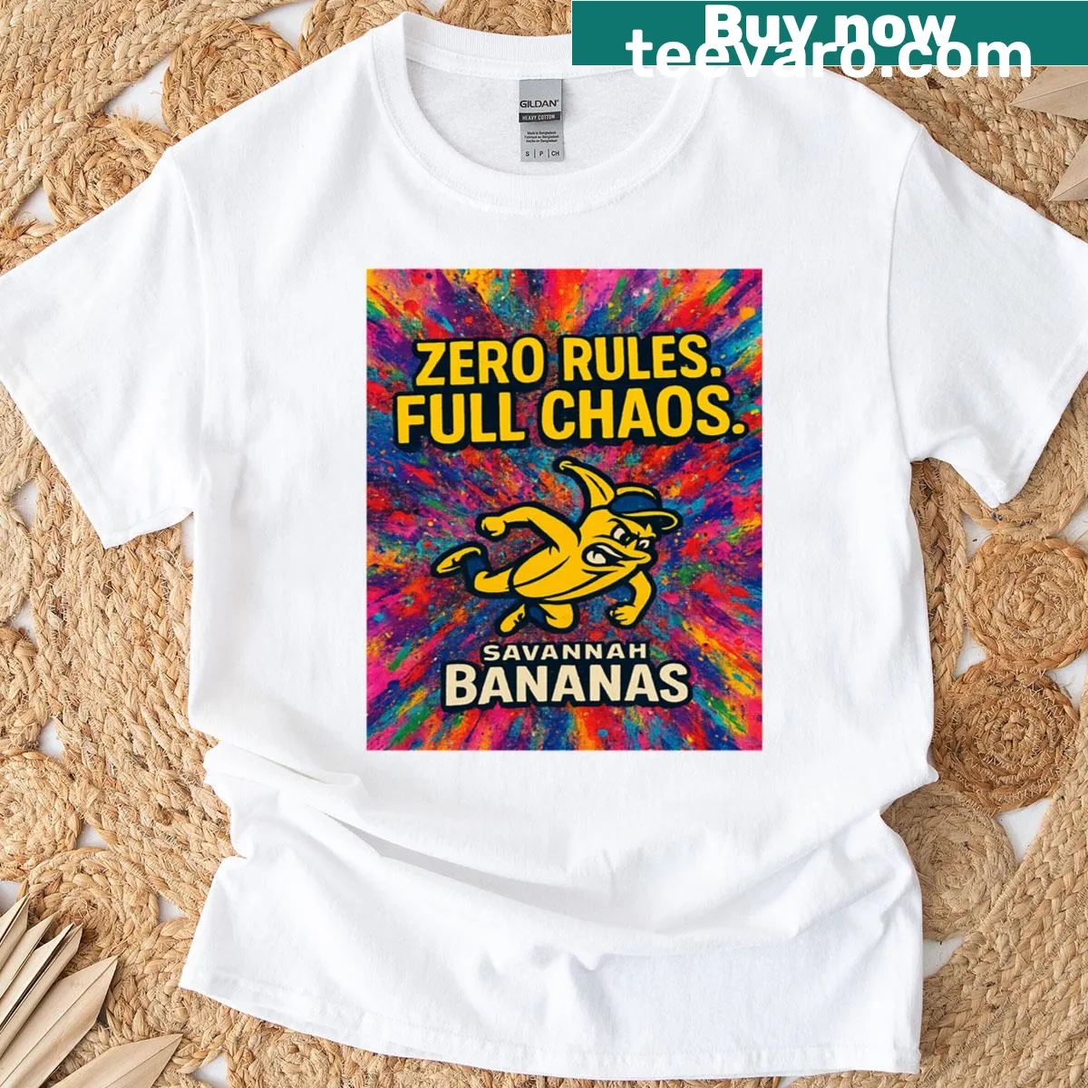 Illustrative t-shirt with banana diving in water for Savannah Bananas — on a men's t-shirt