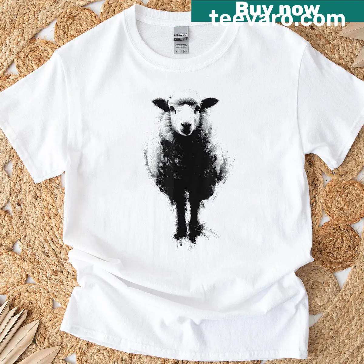Minimalist sheep illustration in Sumi-e art style — on a men's t-shirt