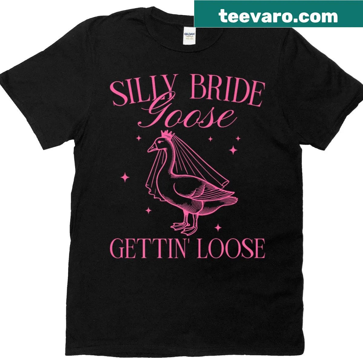 Funny bride goose cartoon t-shirt with playful design — on a men's t-shirt