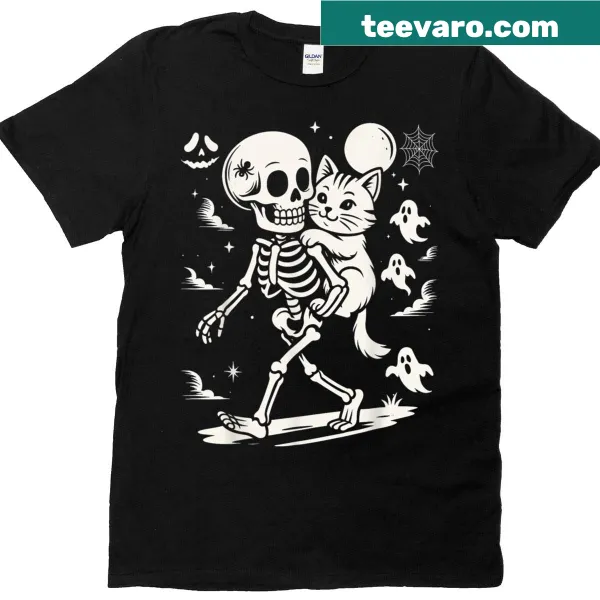 Funny Halloween T-shirt with skeleton cat graphic
