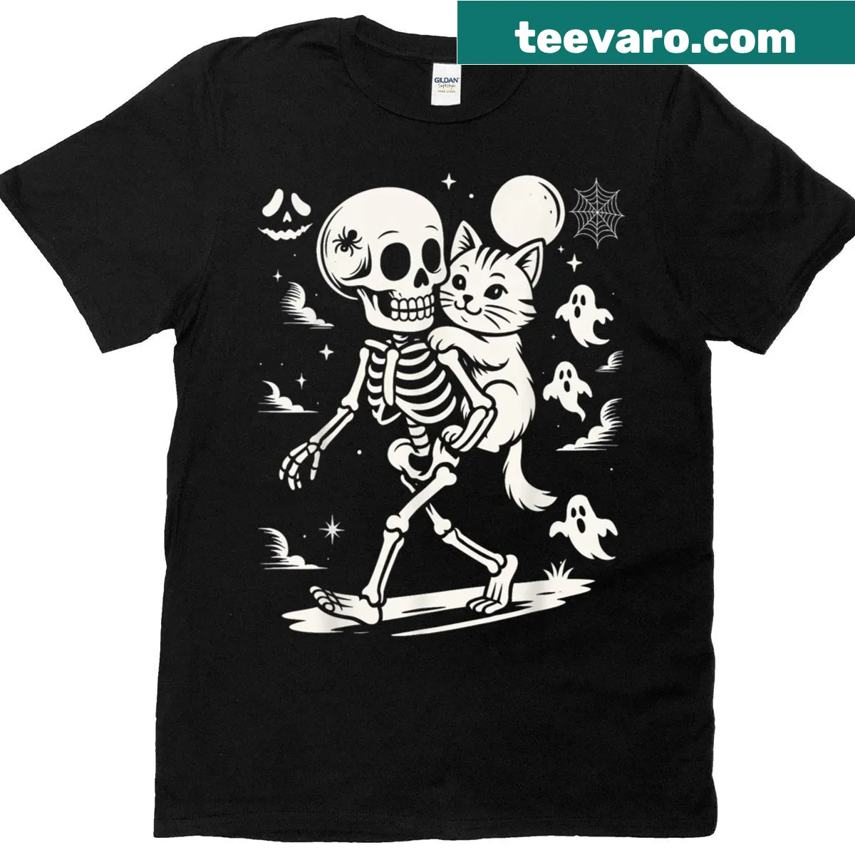 Funny Halloween T-shirt with skeleton cat graphic — on a men's t-shirt