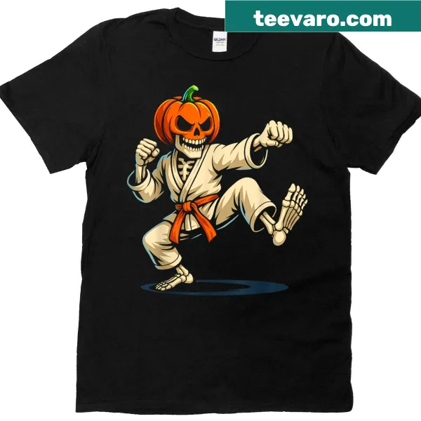 Illustrated T-shirt of a skeleton practicing karate for Halloween