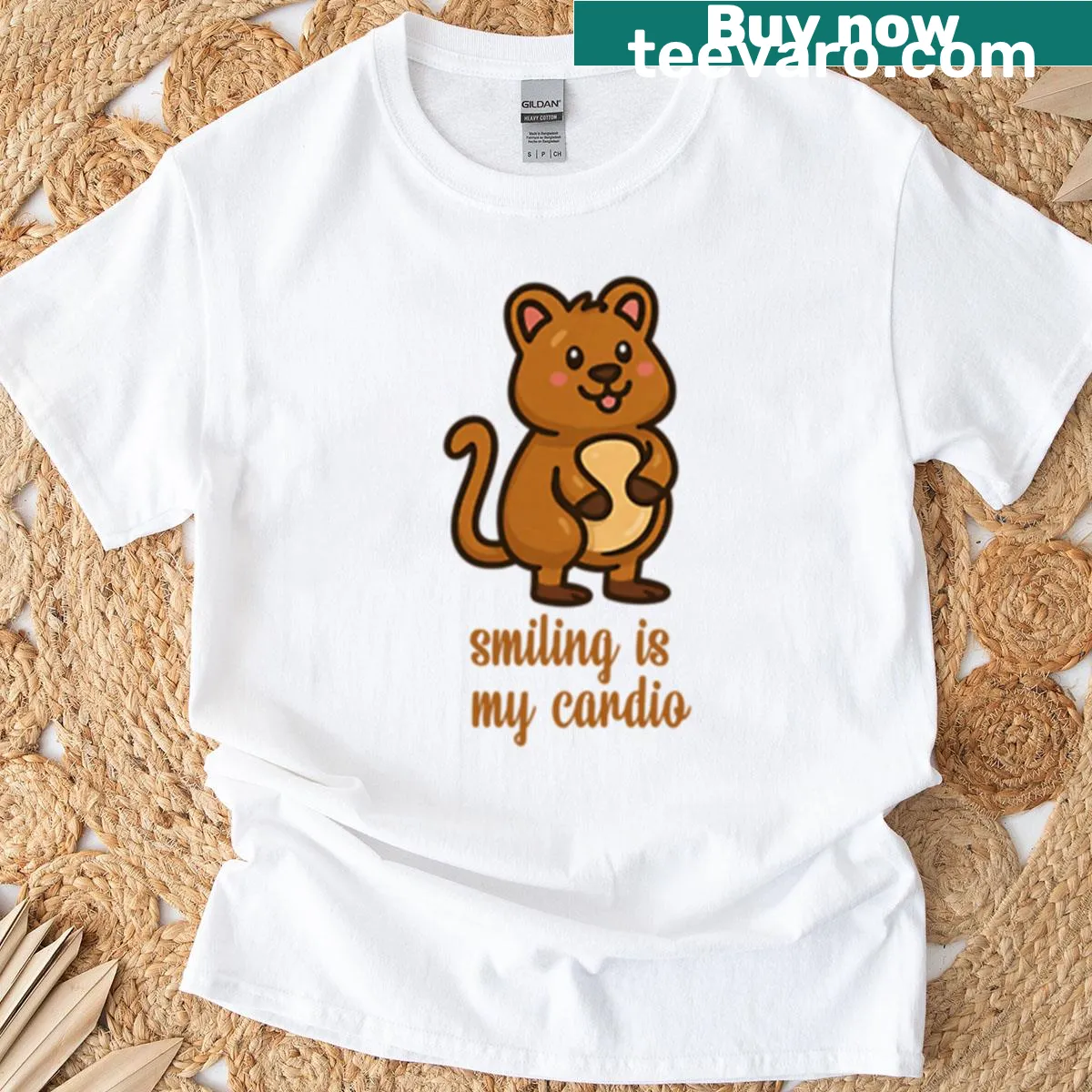 Cute T-shirt featuring a cartoon quokka and the phrase 'Smiling Is My Cardio' — on a men's t-shirt