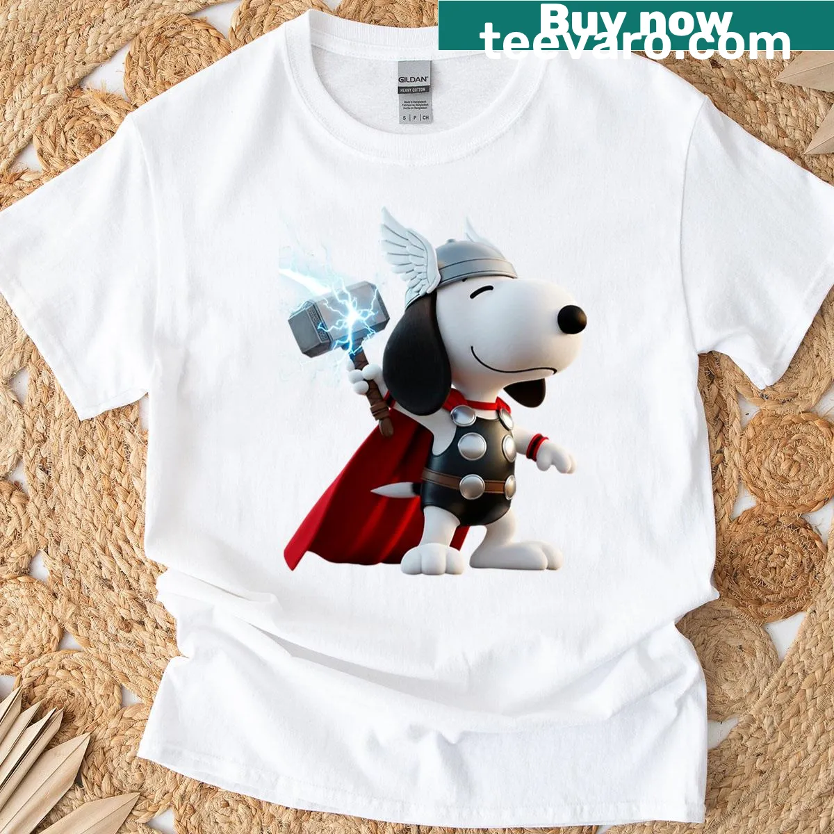 Snoopy as the God of Thunder t-shirt with a playful design — on a men's t-shirt