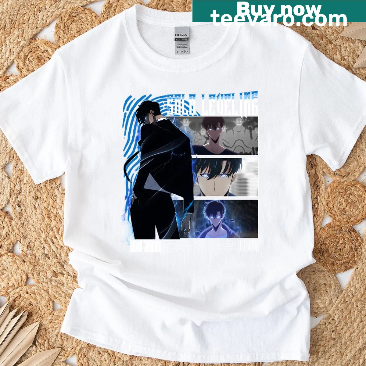 Illustration of Sung Jinwoo from Solo Leveling t-shirt — on a men's t-shirt