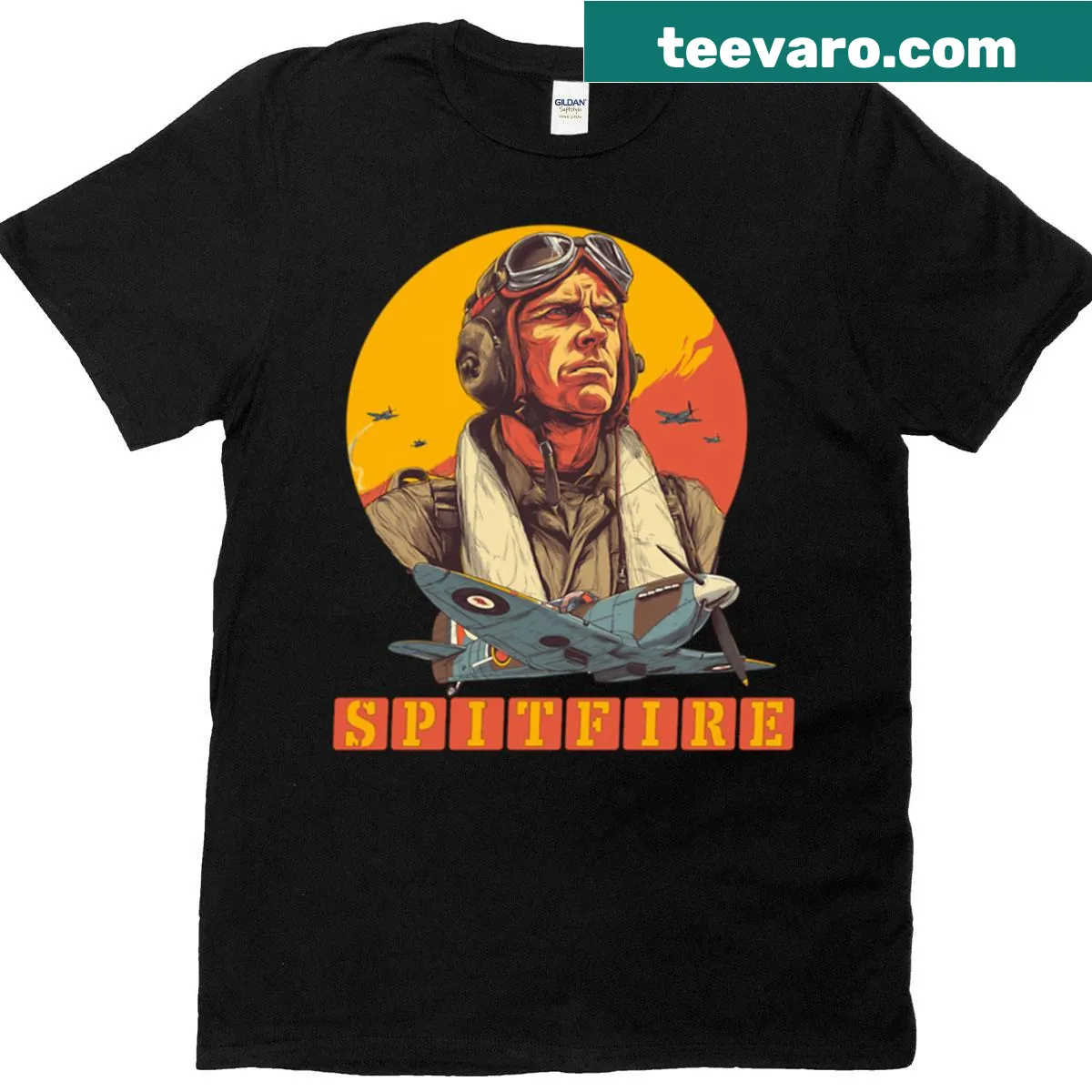 Vintage distressed t-shirt featuring a Spitfire aircraft and pilot graphic — on a men's t-shirt