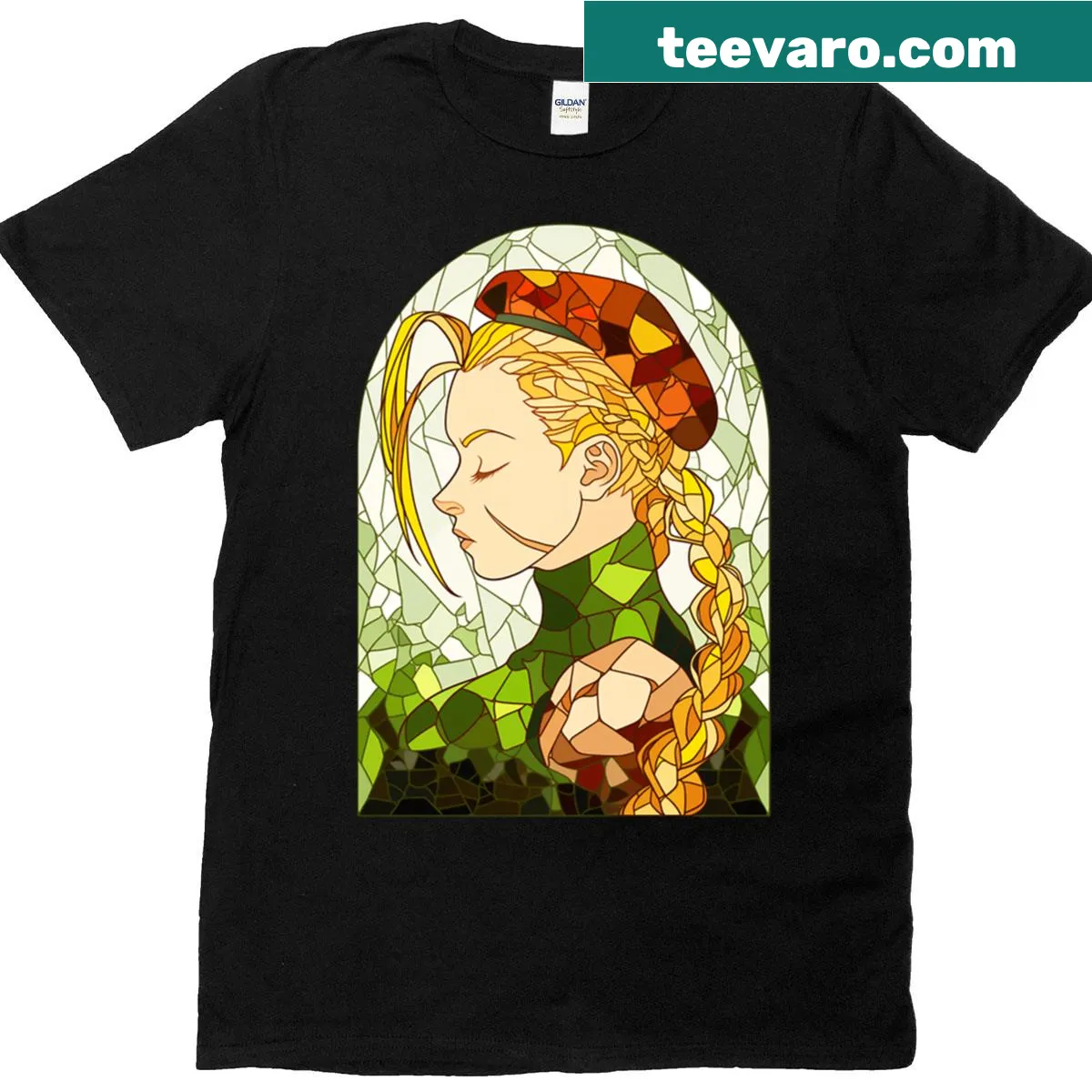 Stained glass-inspired abstract design featuring Cammy on a t-shirt — on a men's t-shirt