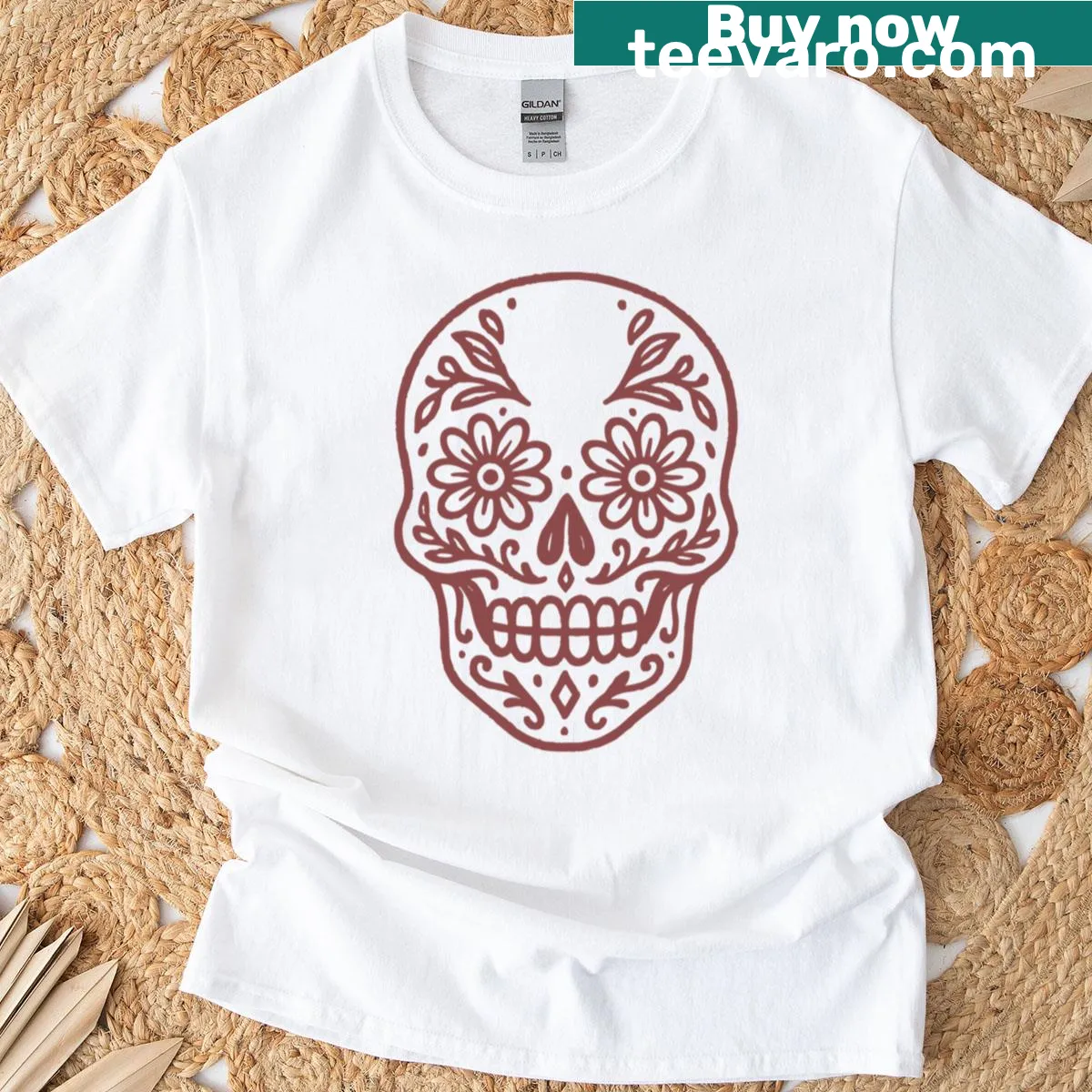 Intricate sugar skull and floral design on a T-shirt — on a men's t-shirt