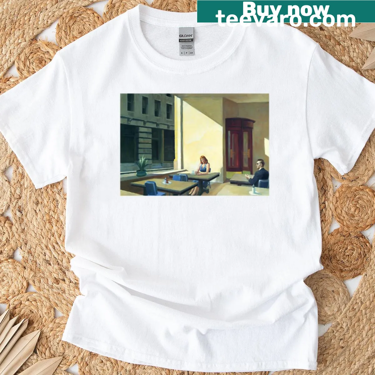 Edward Hopper-inspired t-shirt featuring sunlight in a cafeteria scene — on a men's t-shirt