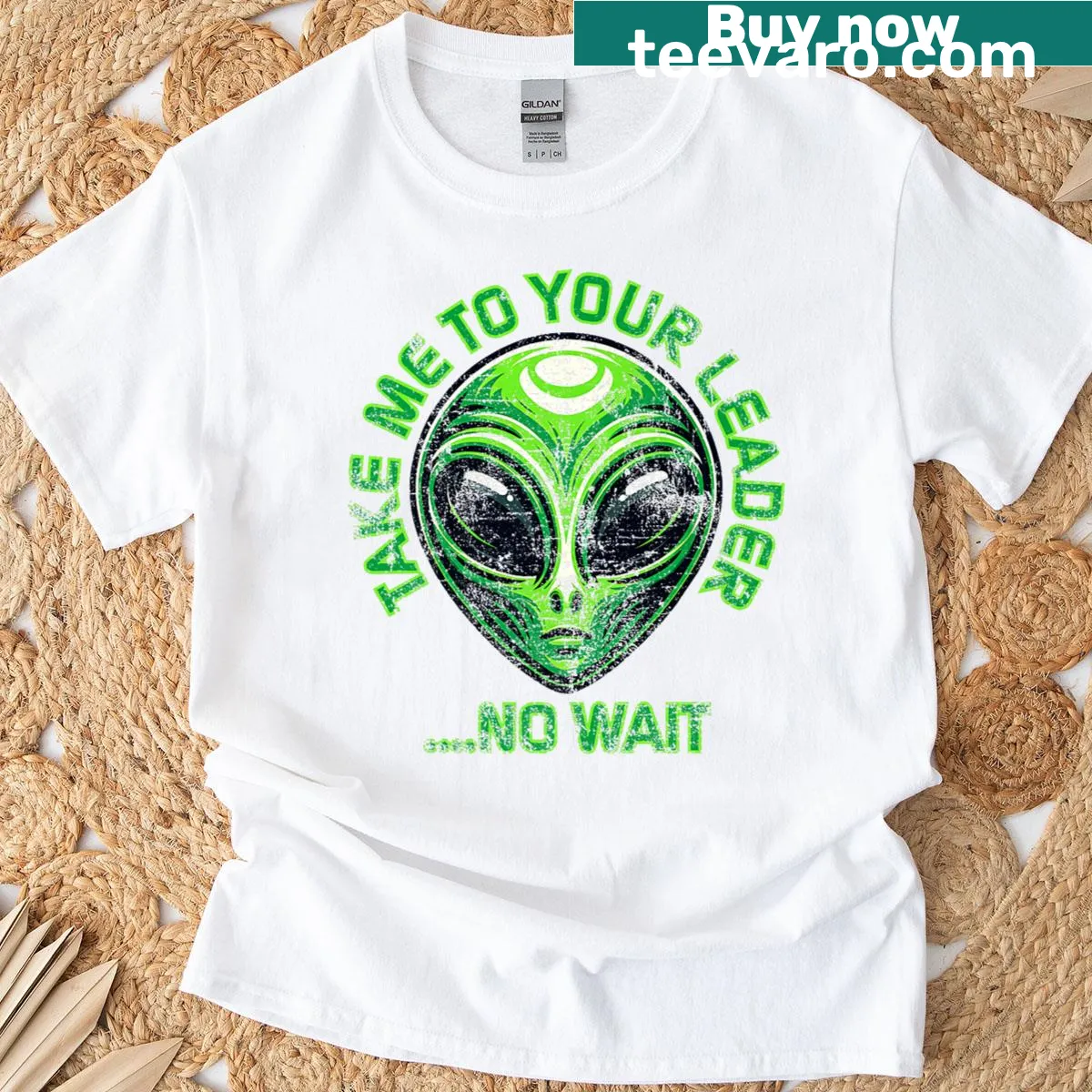 Vintage distressed alien T-shirt with humorous text about leaders — on a men's t-shirt