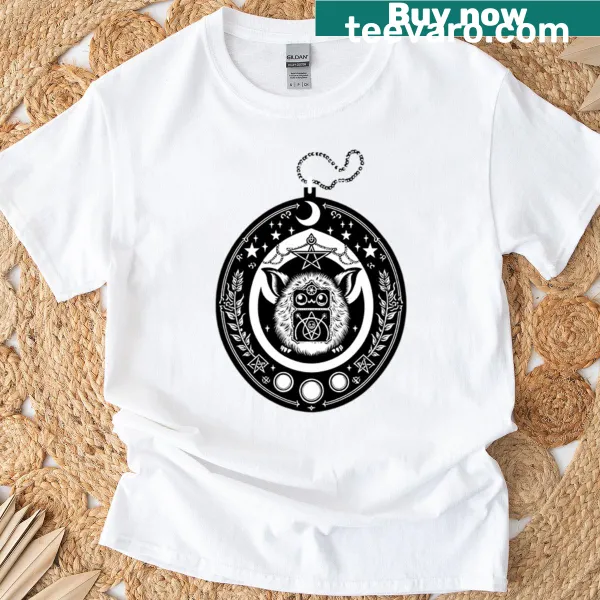 Cartoon graphic of Tamagotchi and Furby on T-shirt
