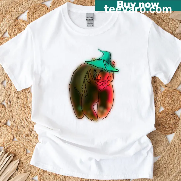 Cute bear in a witch hat illustration on a Halloween t-shirt